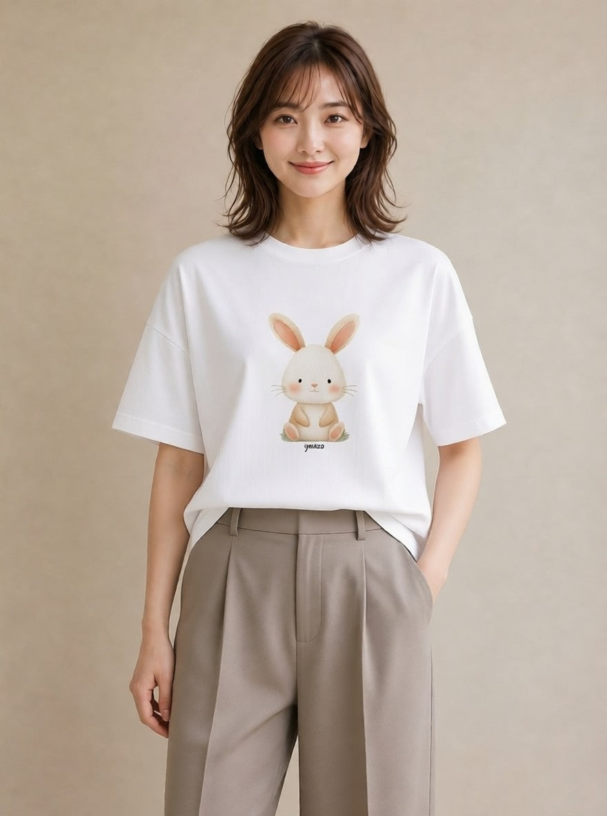 半袖Tシャツ レディース うさぎ ウサギ ラビット ペット 動物 イラスト 上品 女子会 お揃い 白T YMAZO