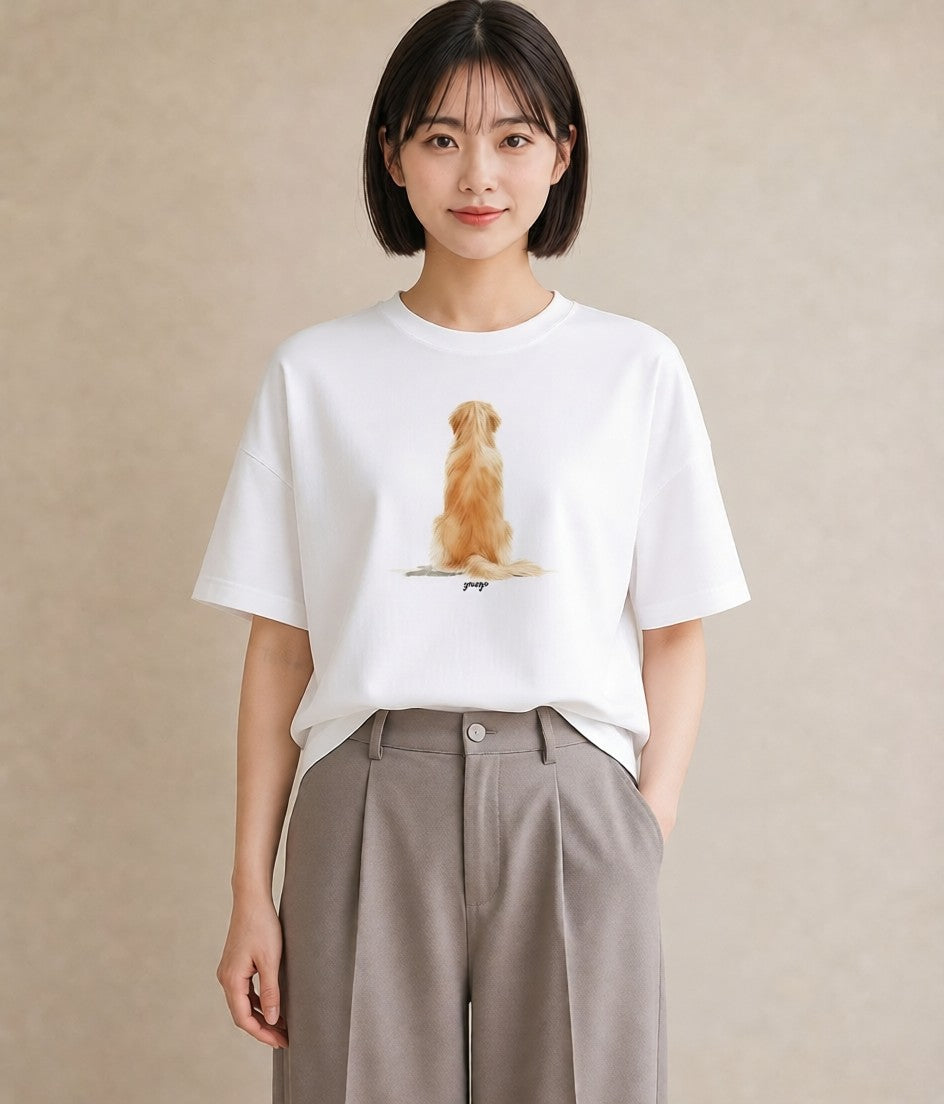Tシャツ レディース ゴールデンレトリバー ゴールデン 犬 いぬ イラスト お洒落 綿100 デート 白T YMAZO