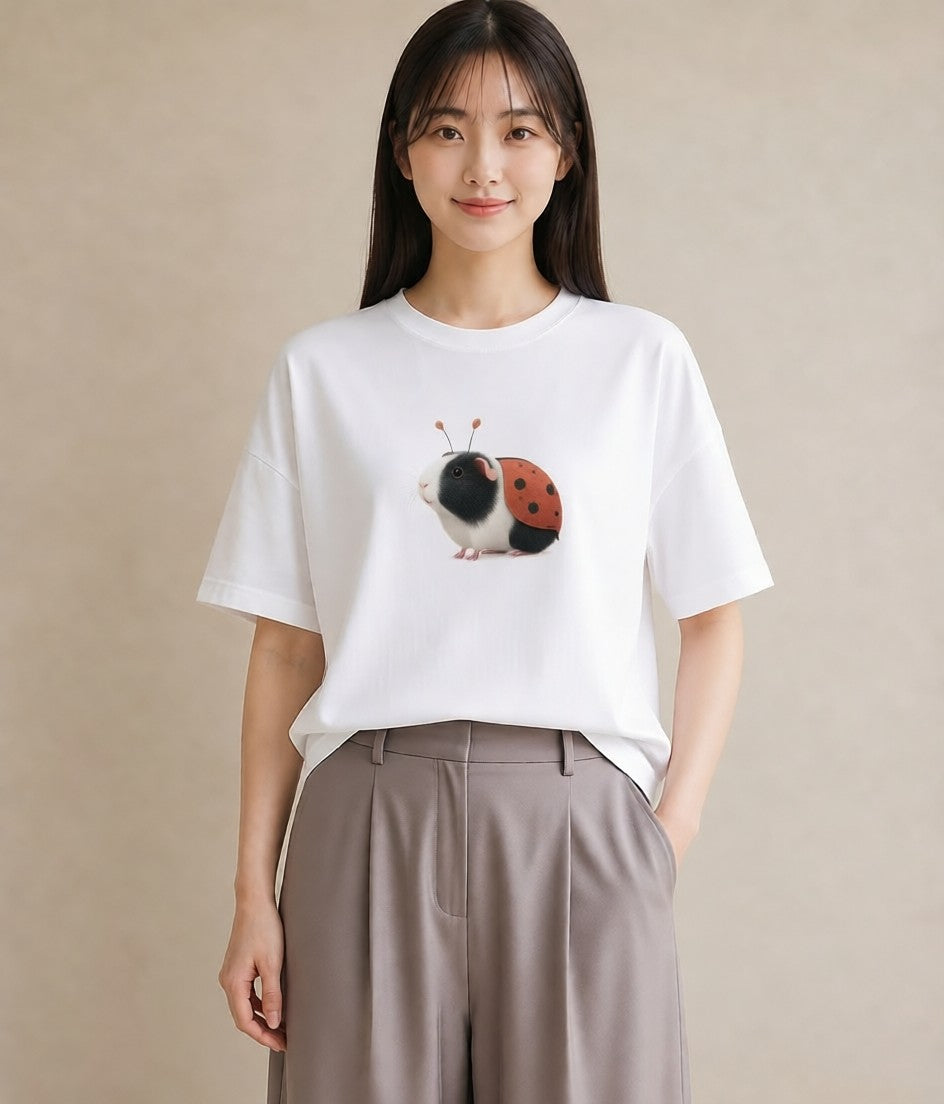 プリントTシャツ レディース モルモット ペット 動物 イラスト きれいめ 母の日 ビーチ 白T YMAZO