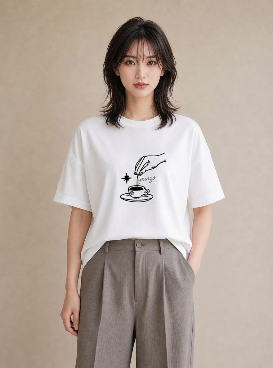Tシャツ レディース コーヒー カフェ 珈琲 イラスト 水彩風 誕生日プレゼント 綿100 白T YMAZO