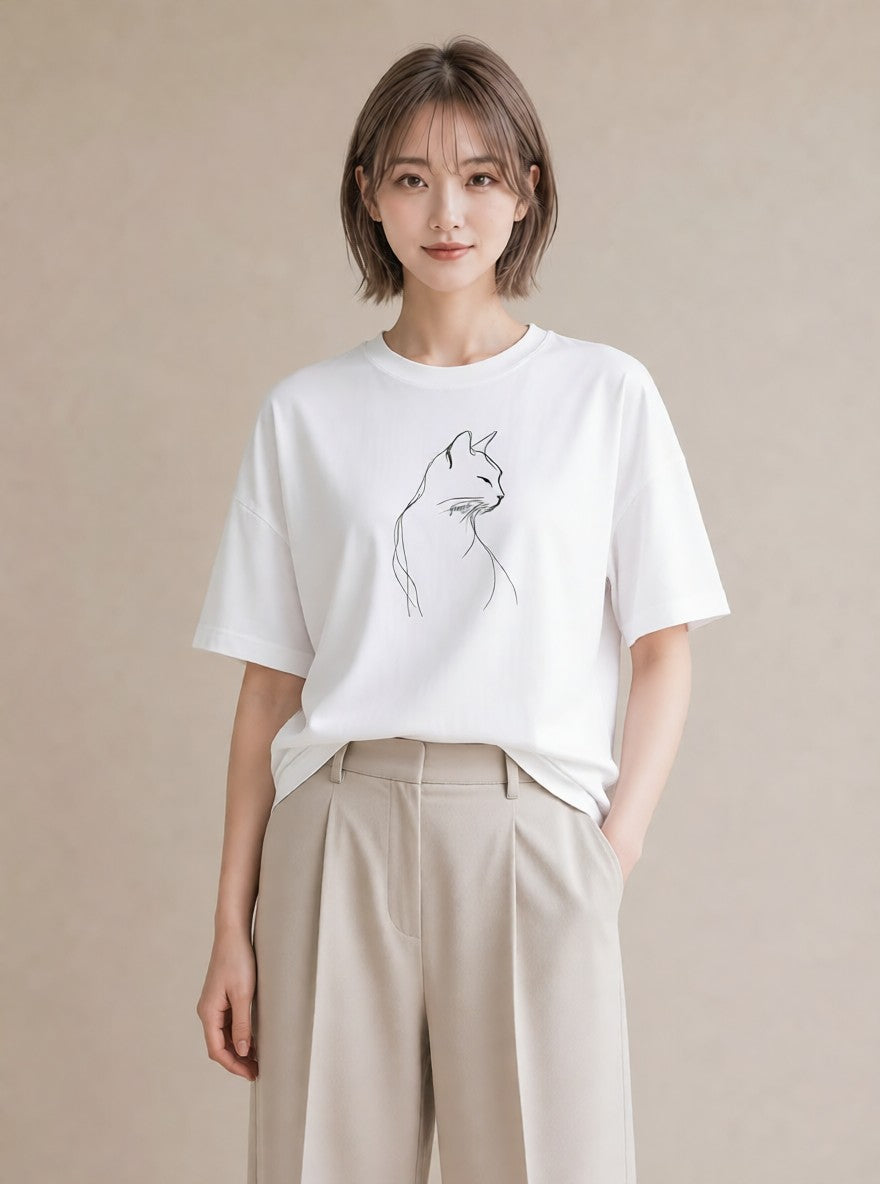 半袖Tシャツ レディース 猫 ねこ ネコ イラスト 淡色 社会人 女性 白T YMAZO