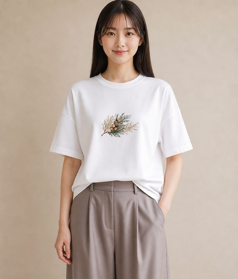 半袖Tシャツ レディース 松ぼっくり 植物 ボタニカル イラスト 春服 ミセス 白T YMAZO
