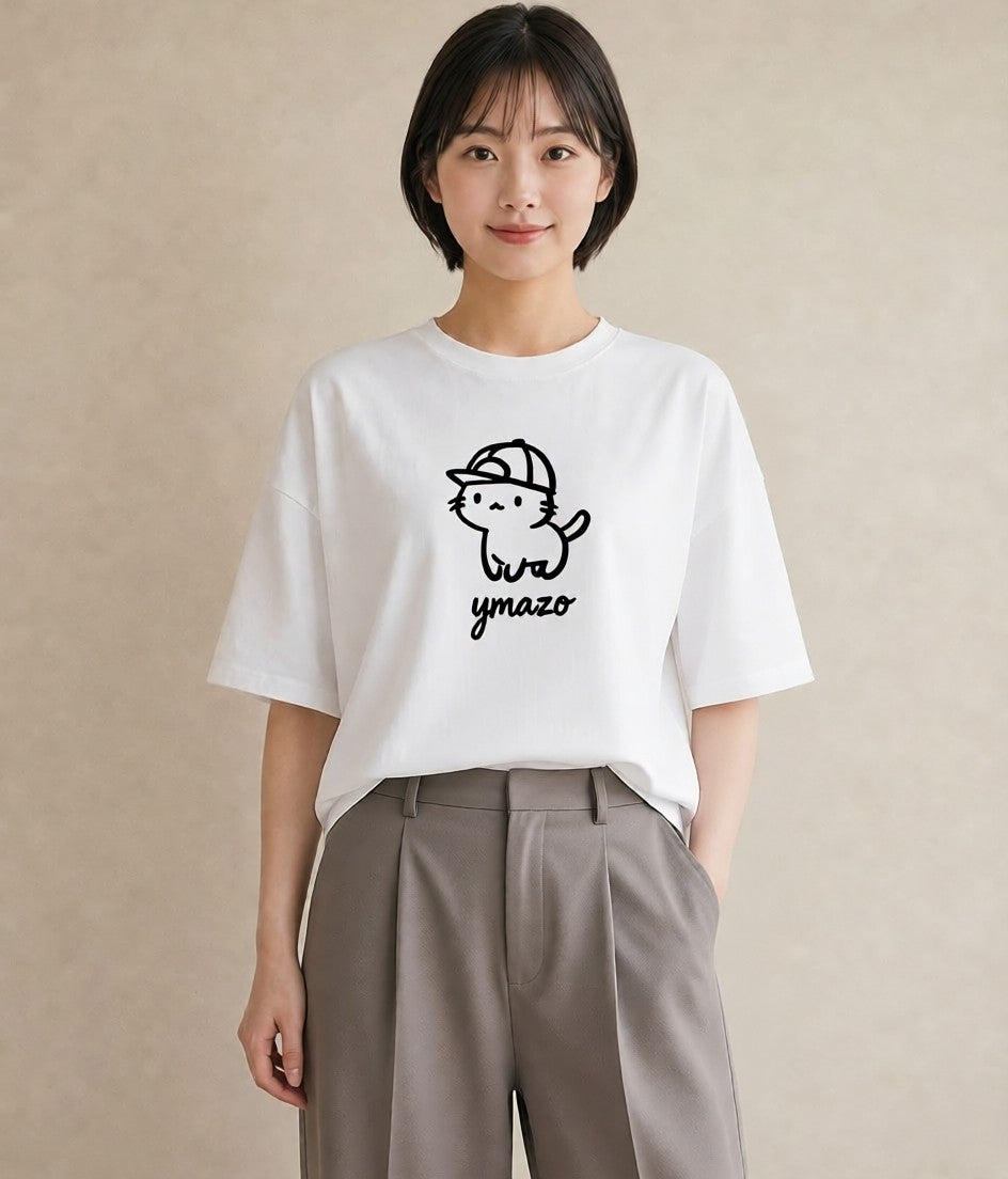 グラフィックTシャツ レディース 猫 ねこ ネコ イラスト ガーリー 女性向けギフト 散歩 白T YMAZO