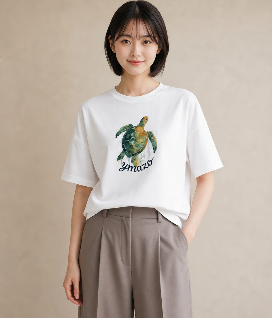 デザインTシャツ レディース カメ ペット 動物 イラスト 綿100 デート 白T YMAZO