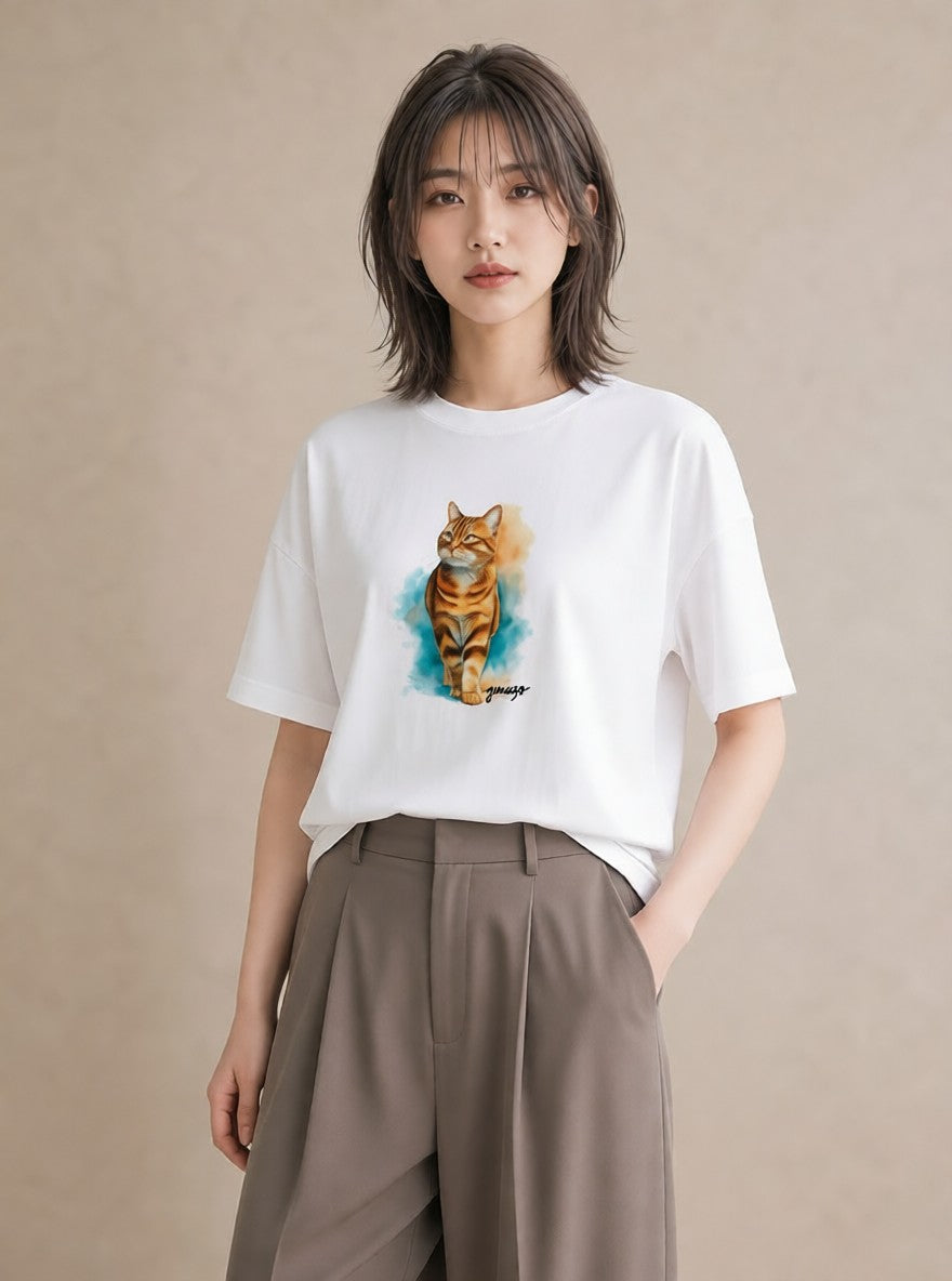 プリントTシャツ レディース メインクーン 猫 ねこ イラスト ゆるかわ 帰省 ラフ 白T YMAZO