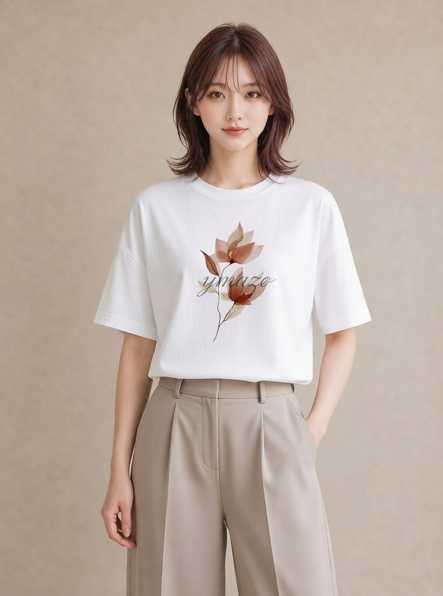 デザインTシャツ レディース 落ち葉 植物 ボタニカル イラスト こなれ感 通勤 在宅 白T YMAZO
