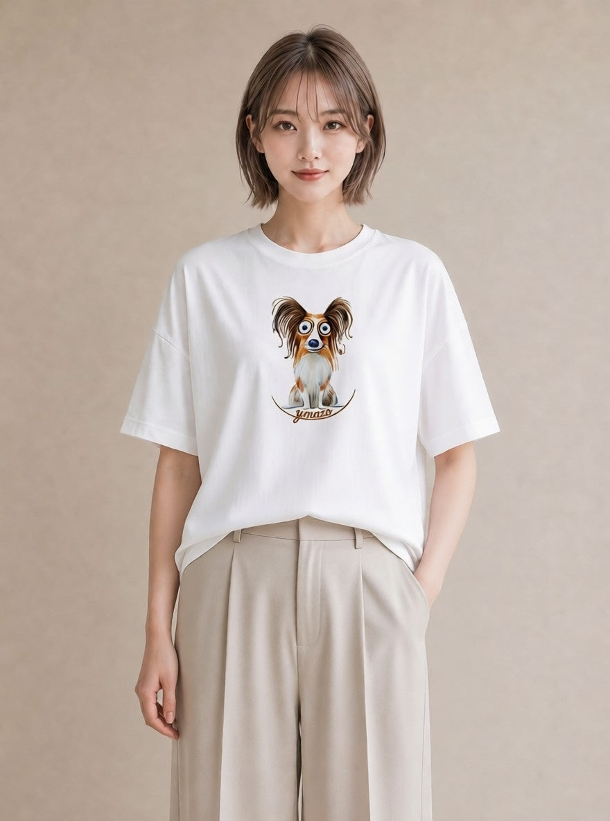 半袖Tシャツ レディース パピヨン 犬 いぬ イラスト ゆるコーデ 通勤 在宅 白T YMAZO
