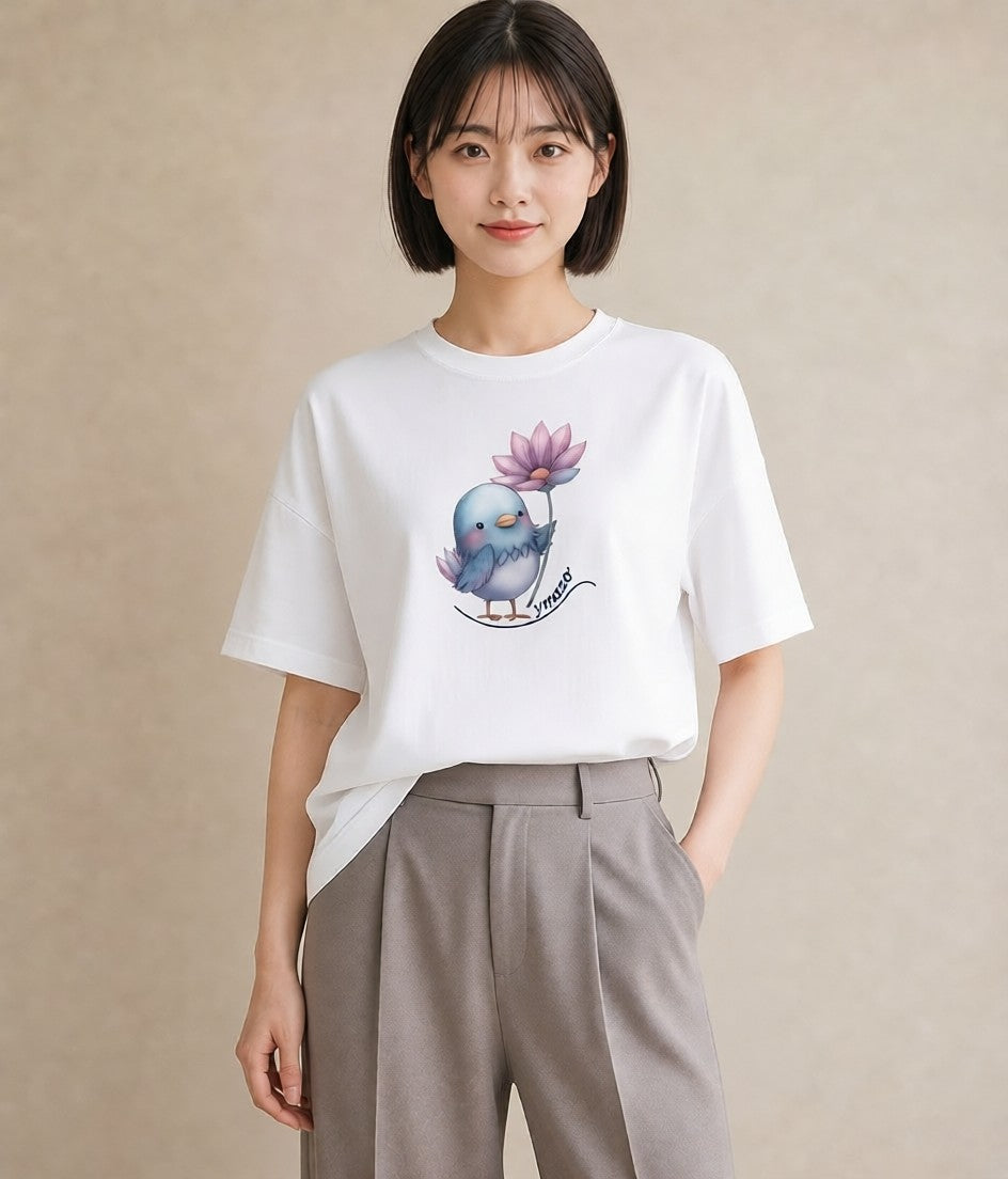 プリントTシャツ レディース 文鳥 ペット 動物 イラスト 淡色 秋コーデ おしゃれギフト 白T YMAZO