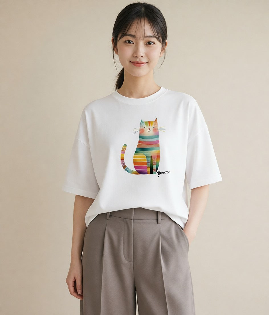 グラフィックTシャツ レディース ニャンコ 猫 ねこ イラスト 水彩風 女性 旅行用 白T YMAZO