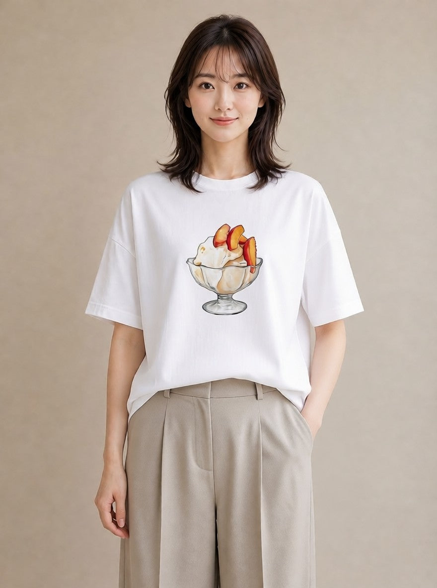 デザインTシャツ レディース もも 食べ物 フード イラスト ヴィンテージ風 休日 ペアコーデ 白T YMAZO