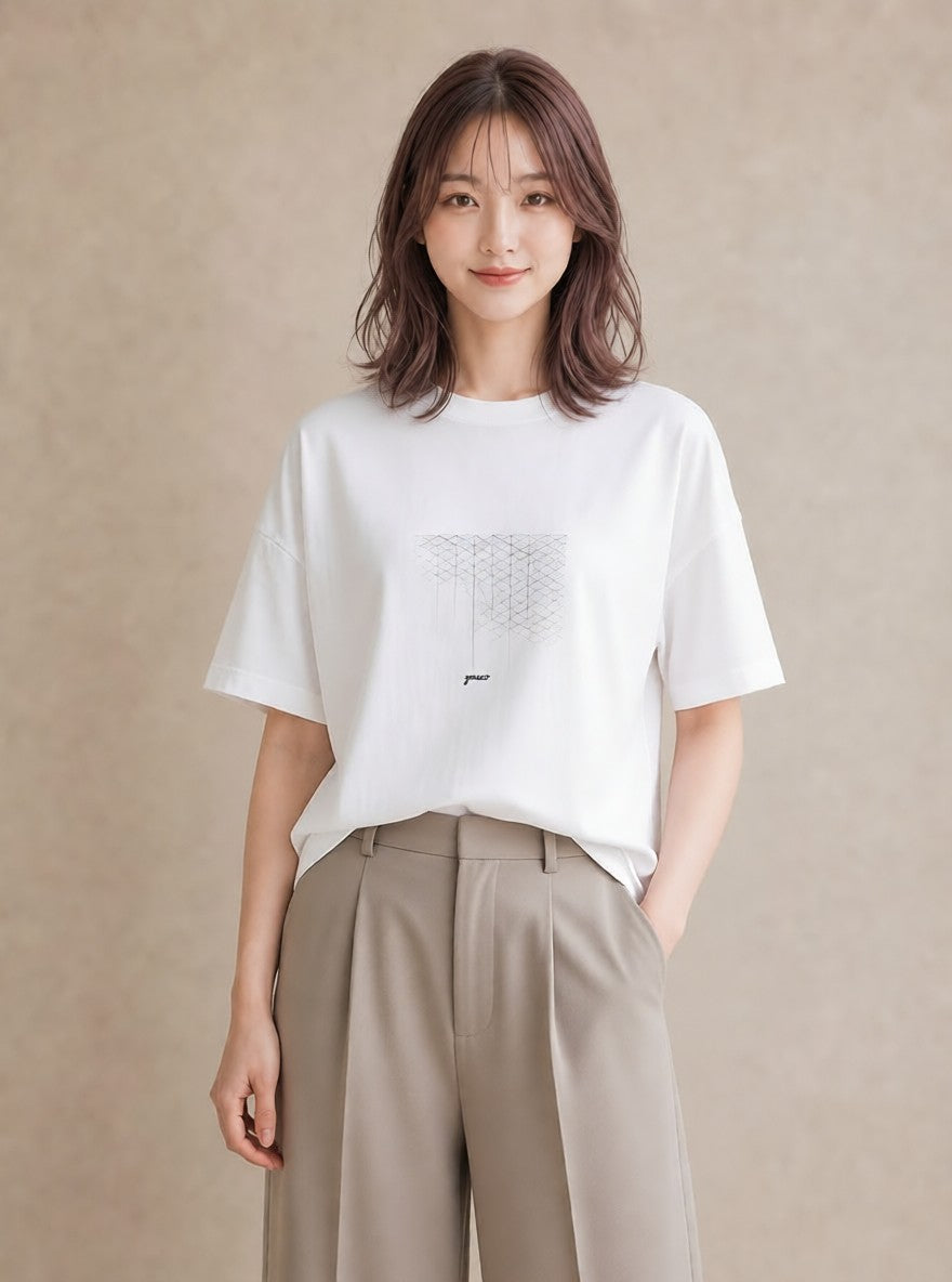 Tシャツ レディース 幾何学 ミニマル ジオメトリック イラスト カジュアル カフェ巡り 女子会 白T YMAZO