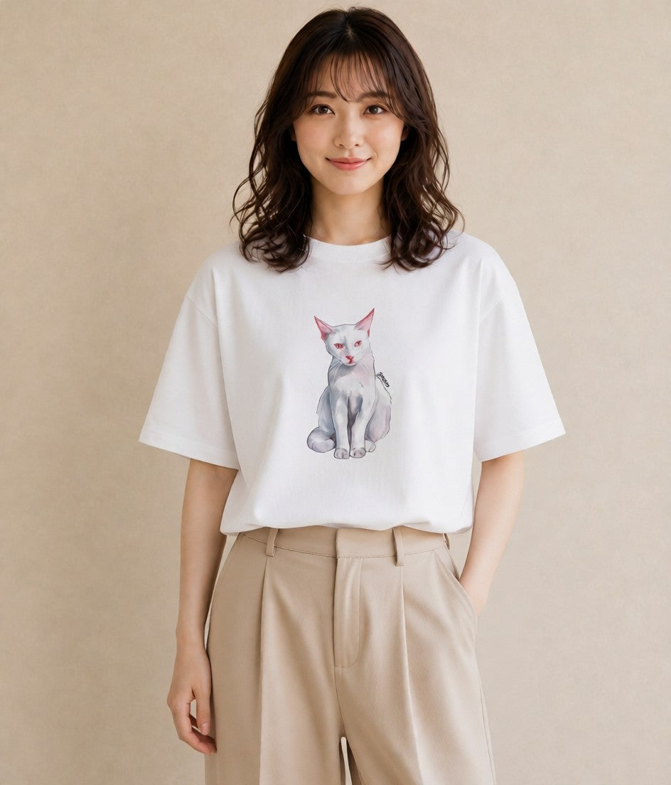 デザインTシャツ レディース 猫 ねこ イラスト ゆるかわ ペアコーデ 秋コーデ 白T YMAZO