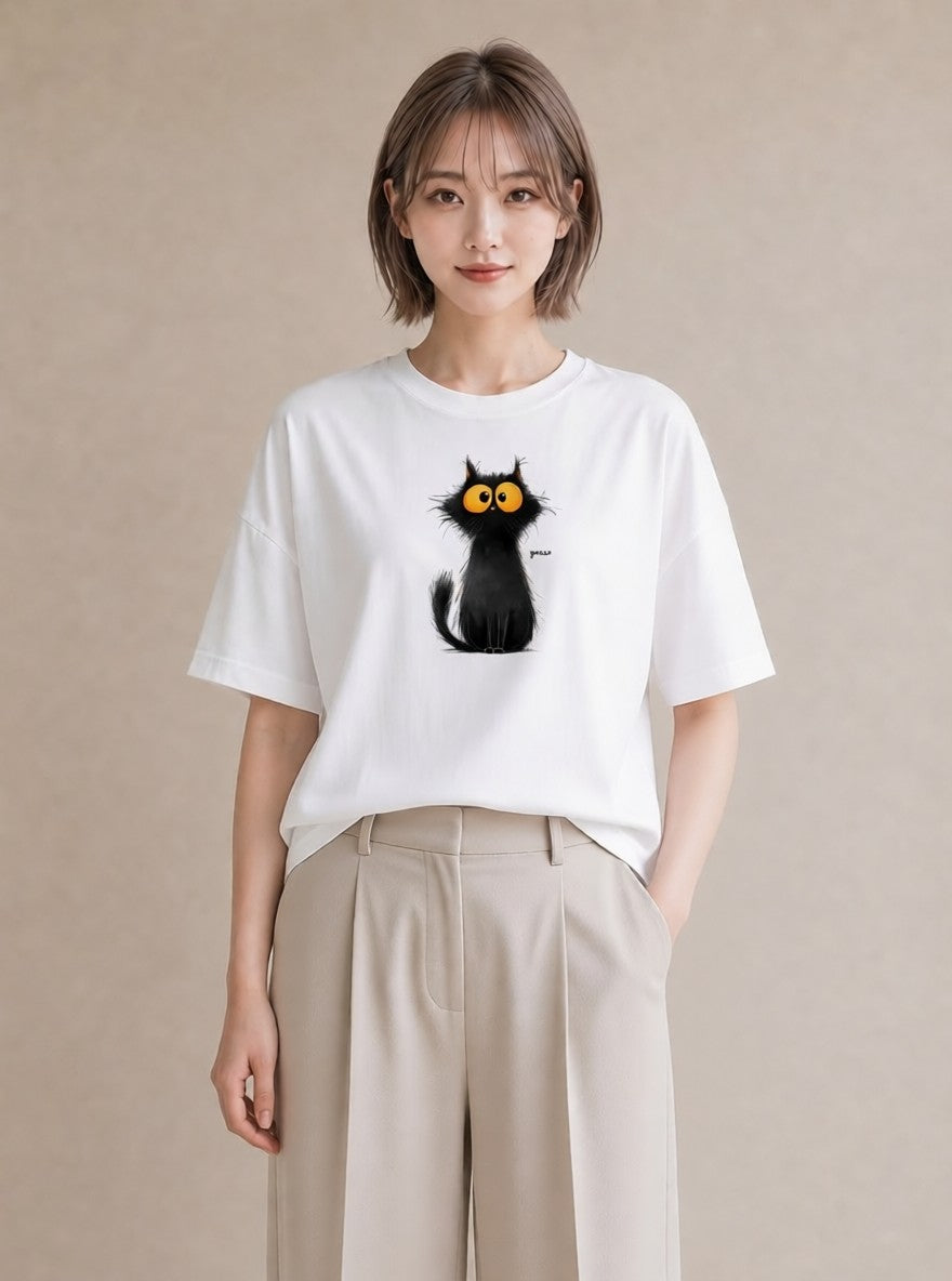 Tシャツ レディース 黒猫 猫 ねこ イラスト フェミニン 散歩 お出かけ 白T YMAZO