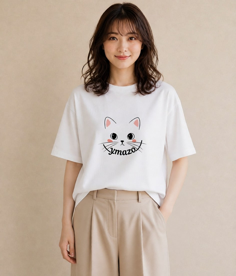 デザインTシャツ レディース 猫 ねこ ネコ イラスト ポップ 綿100 デート 白T YMAZO