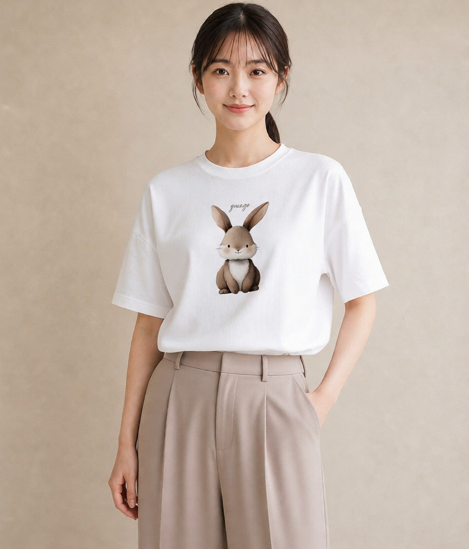 Tシャツ レディース ライオンラビット ペット 動物 イラスト ボタニカル 自分用 ルームウェア 白T YMAZO