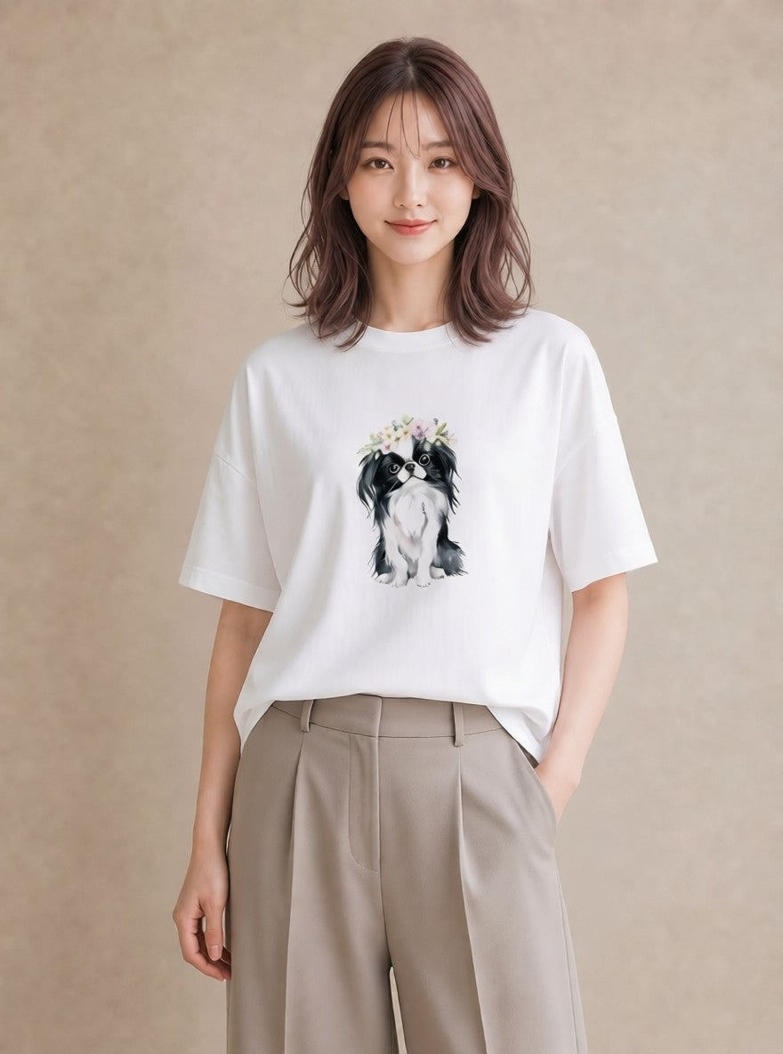 Tシャツ レディース 狆 犬 いぬ イラスト フェミニン ペアコーデ 秋コーデ 白T YMAZO