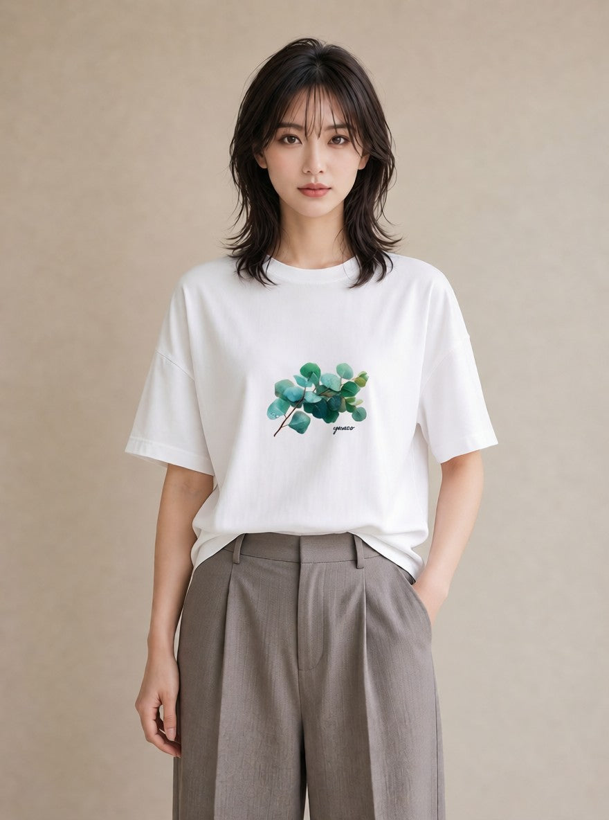 半袖Tシャツ レディース 葉っぱ 植物 ボタニカル イラスト ニュアンス カフェ服 クリスマス 白T YMAZO
