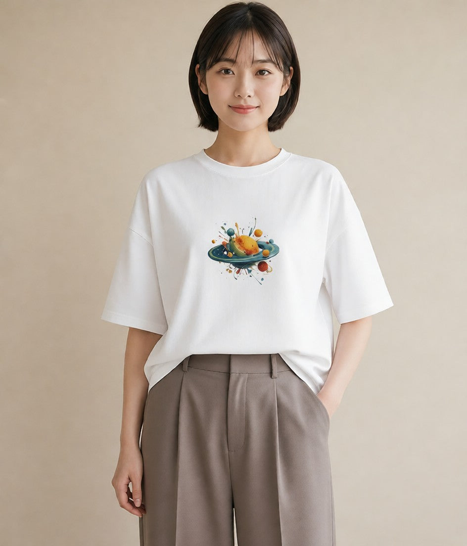 デザインTシャツ レディース 土星 星空 宇宙 イラスト お洒落 旅行用 海 白T YMAZO