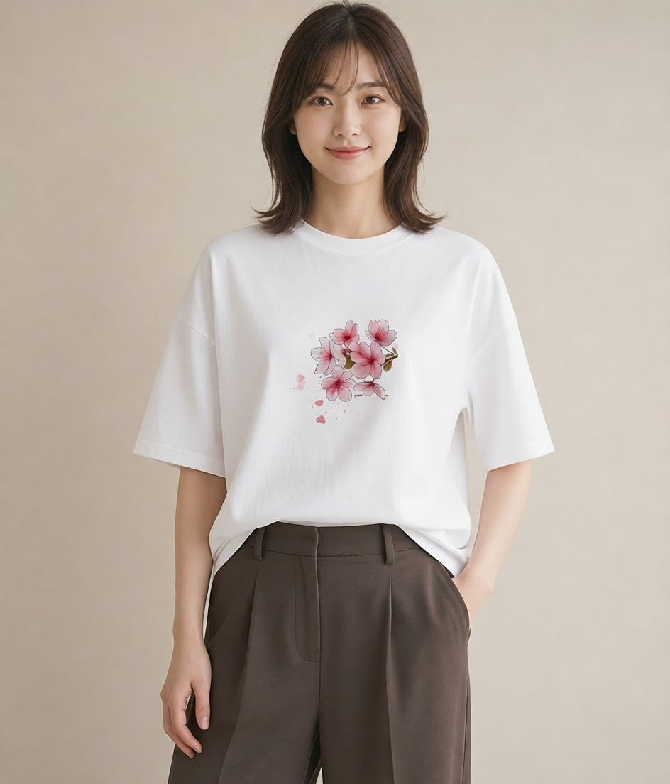 グラフィックTシャツ レディース 梅 花 花柄 イラスト 休日コーデ 自分用 ルームウェア 白T YMAZO