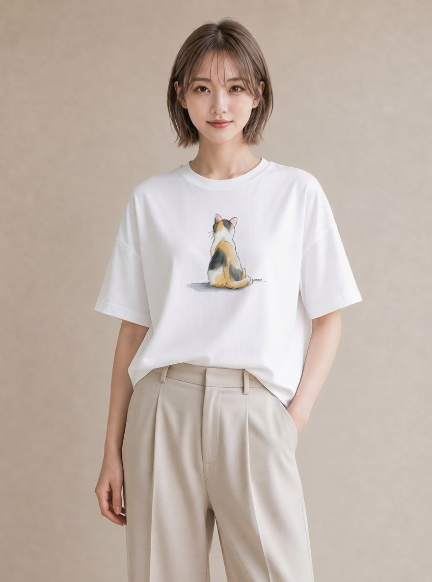 グラフィックTシャツ レディース 白猫 猫 ねこ イラスト お洒落 通勤 在宅 白T YMAZO