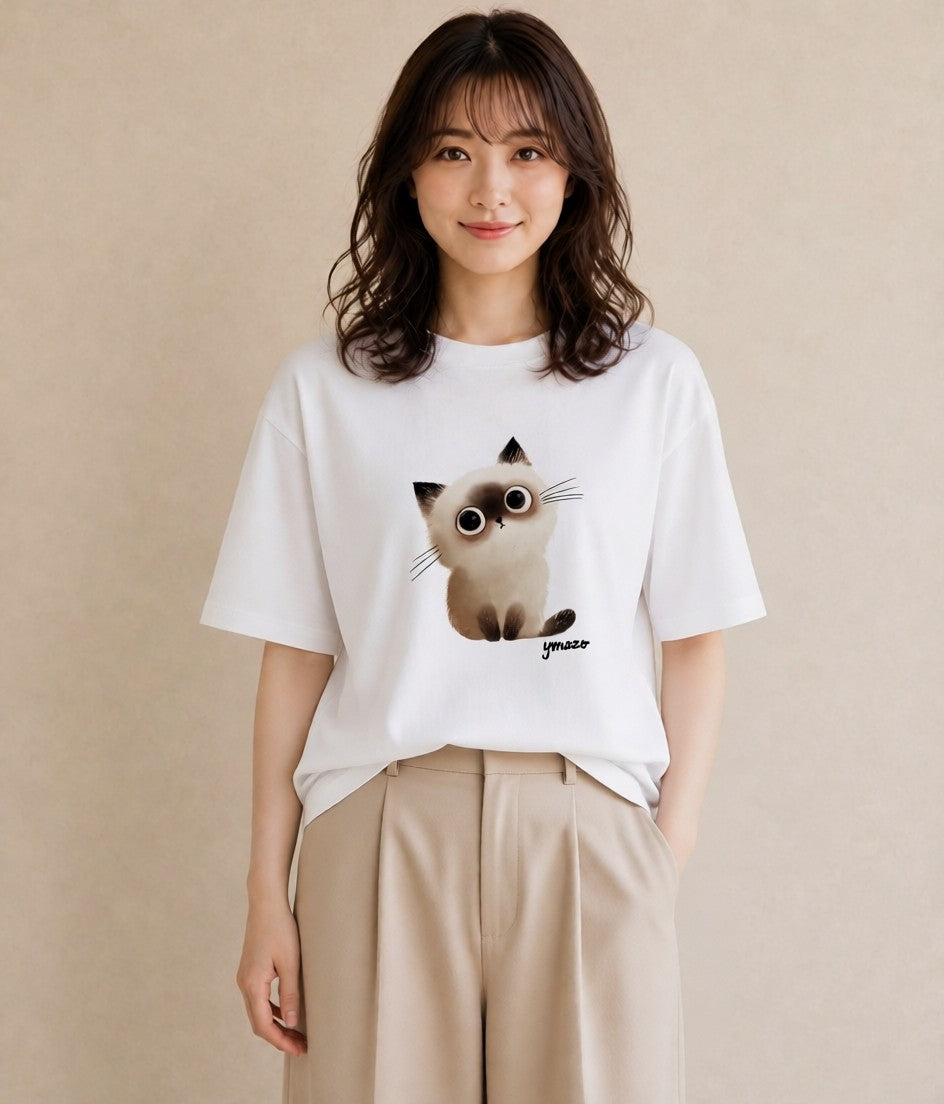 Tシャツ レディース ペルシャ 猫 ねこ イラスト 淡色 綿100 デート 白T YMAZO