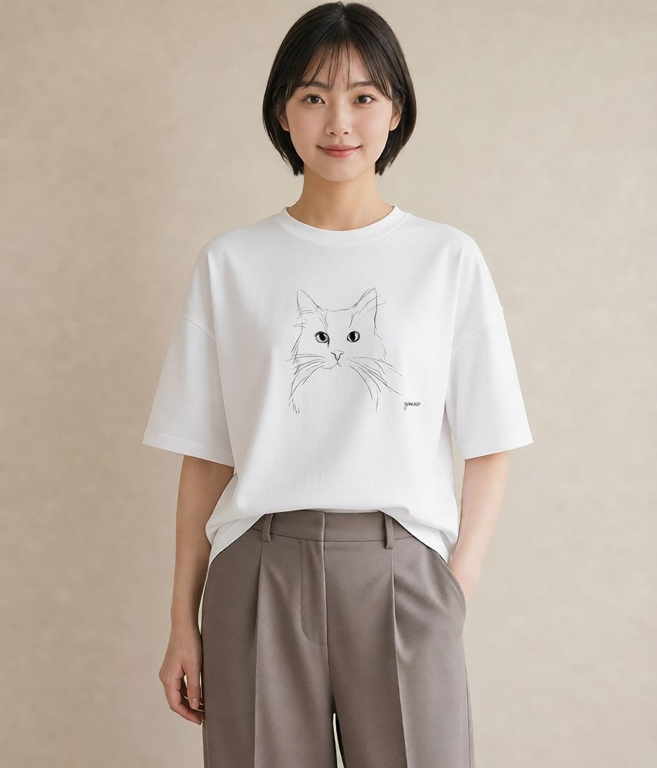 半袖Tシャツ レディース 猫 ねこ ネコ イラスト ナチュラル 春コーデ 姉妹 白T YMAZO