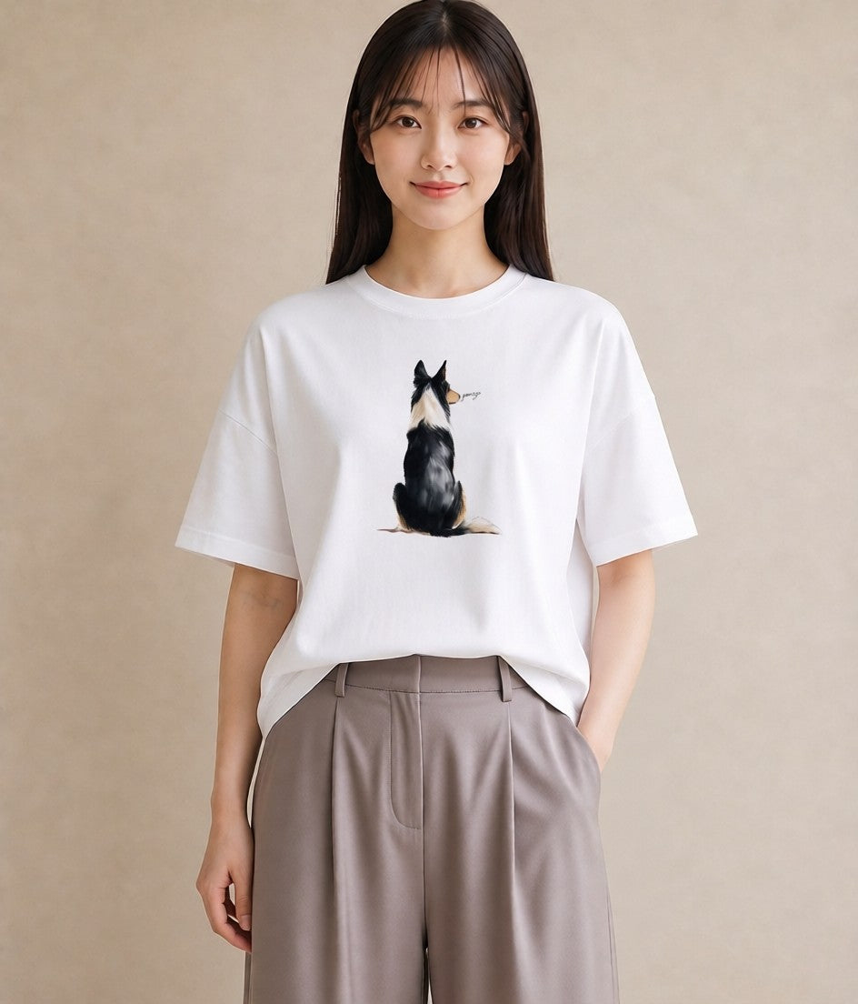 デザインTシャツ レディース ボーダーコリー 犬 いぬ イラスト シンプル 部屋着 女性向けギフト 白T YMAZO