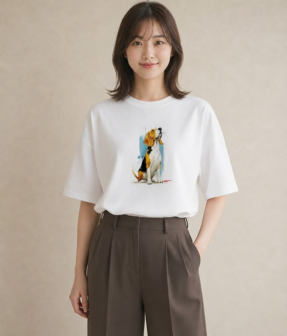 プリントTシャツ レディース ビーグル 犬 いぬ イラスト こなれ感 敬老の日 ホワイトデー 白T YMAZO