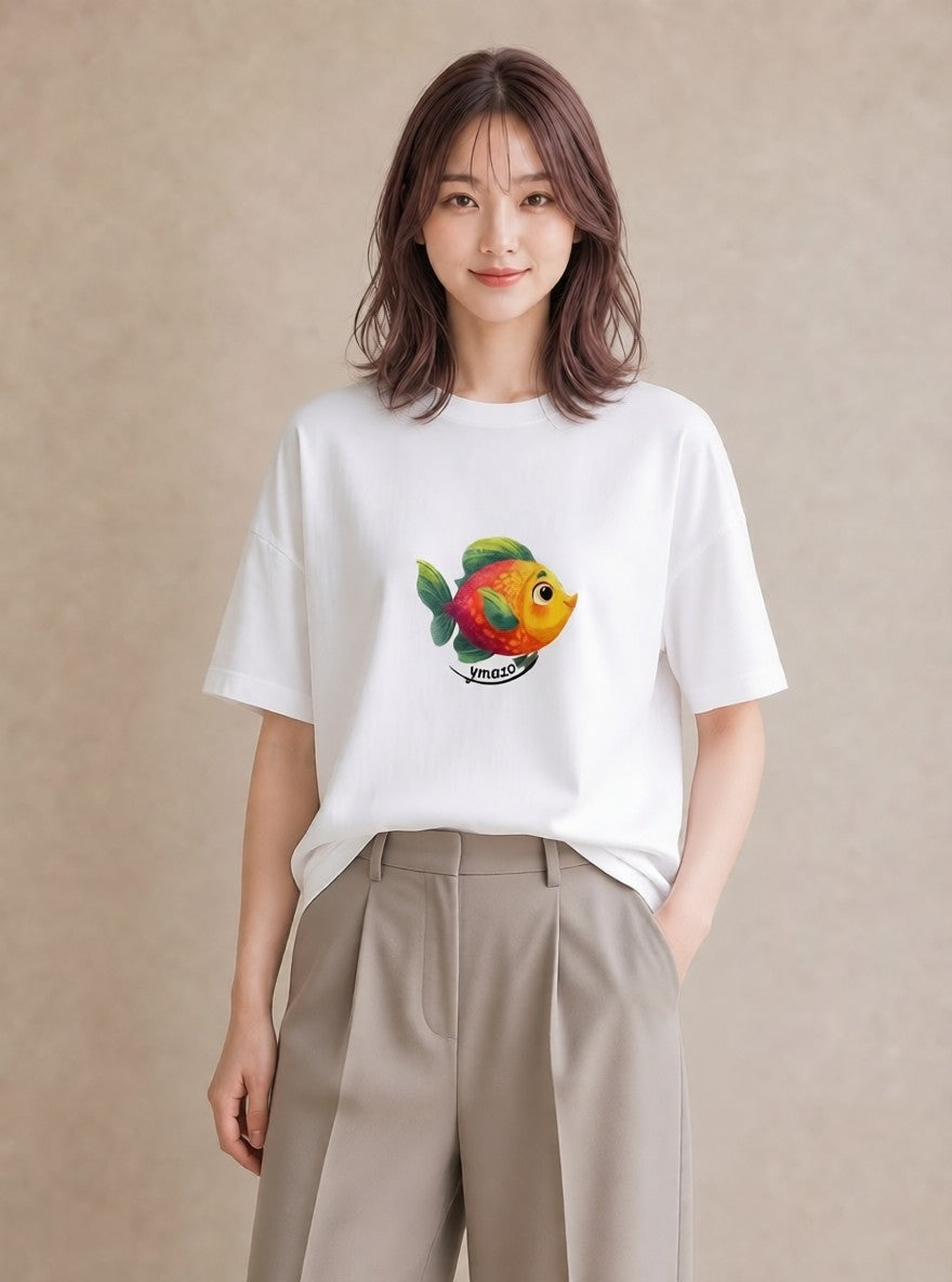 Tシャツ レディース メダカ ペット 動物 イラスト 線画 買い物 夏コーデ 白T YMAZO