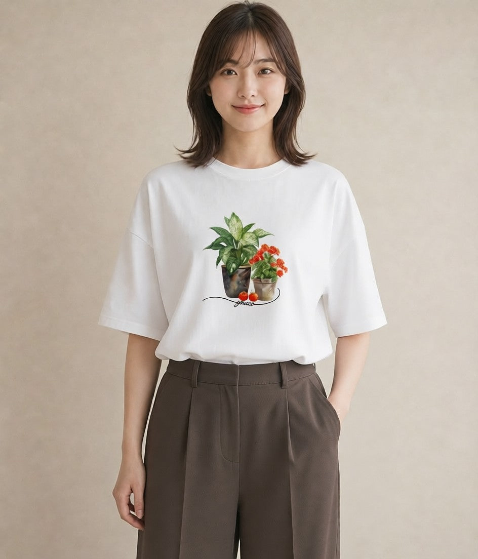 グラフィックTシャツ レディース 観葉植物 植物 ボタニカル イラスト ミニマル 秋コーデ おしゃれギフト 白T YMAZO