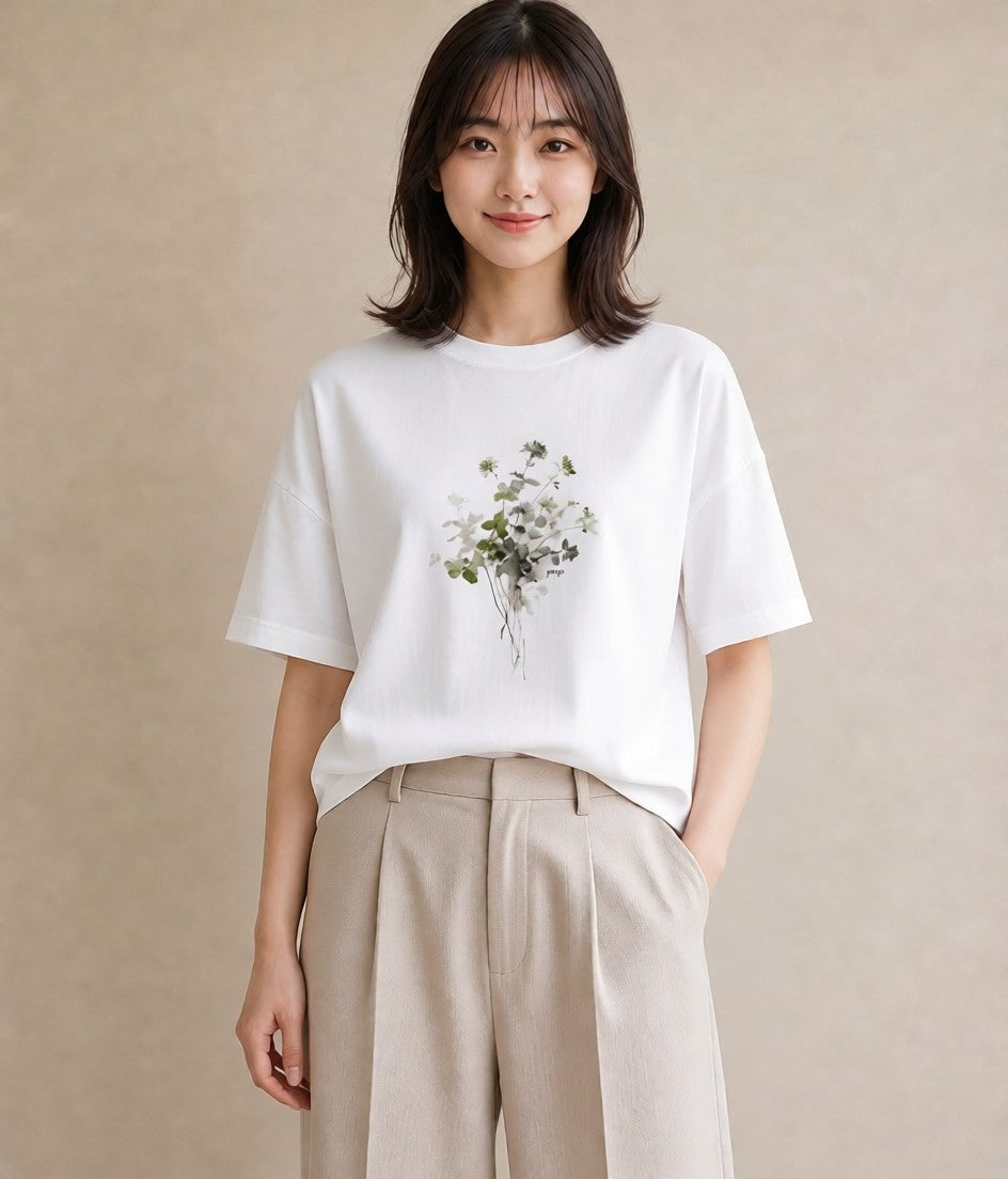 半袖Tシャツ レディース ガラス瓶 小枝 ボタニカル ナチュラル アンティーク イラスト ゆるかわ カフェ巡り 女子会 白T YMAZO