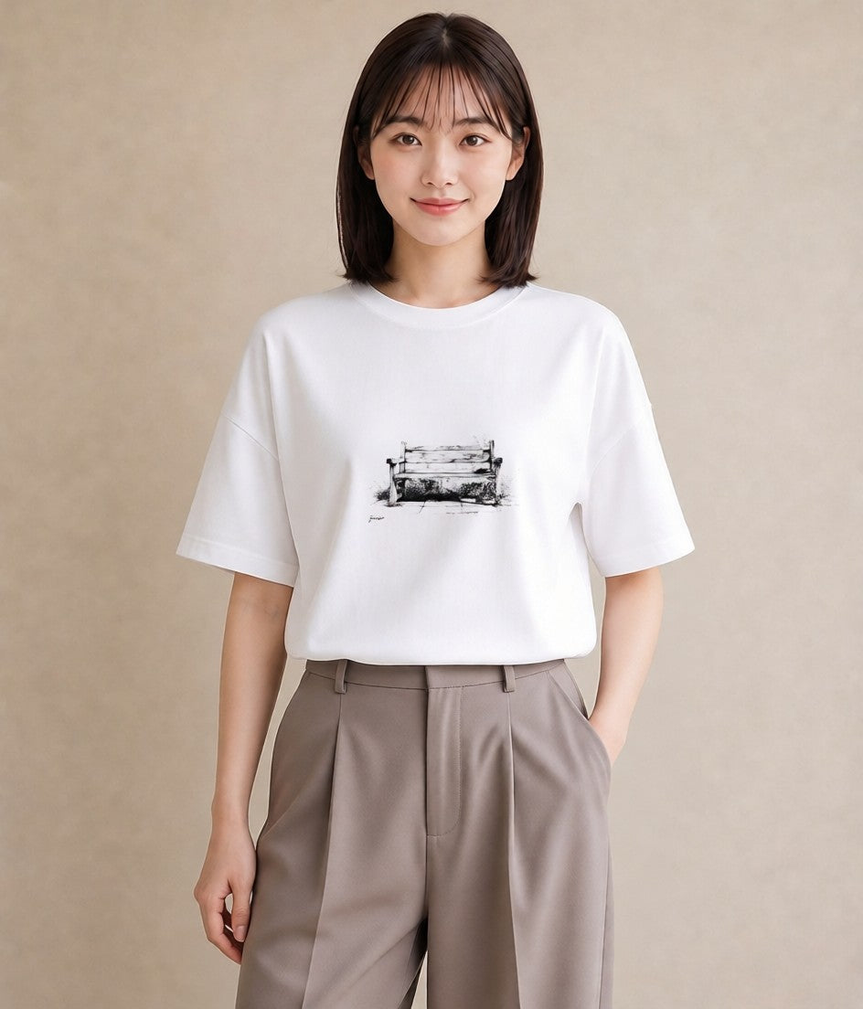グラフィックTシャツ レディース 雨上がりのベンチ ベンチ ナチュラル アンティーク イラスト 北欧風 母娘コーデ 自分用 白T YMAZO
