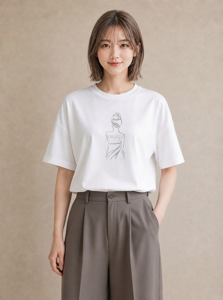 Tシャツ レディース 女の子 ガール 後ろ姿 イラスト ゆるコーデ 買い物 夏コーデ 白T YMAZO