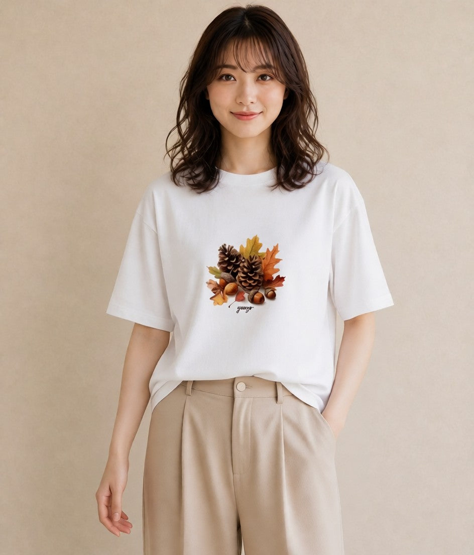 グラフィックTシャツ レディース 松ぼっくり 植物 ボタニカル イラスト ラフ 秋コーデ おしゃれギフト 白T YMAZO