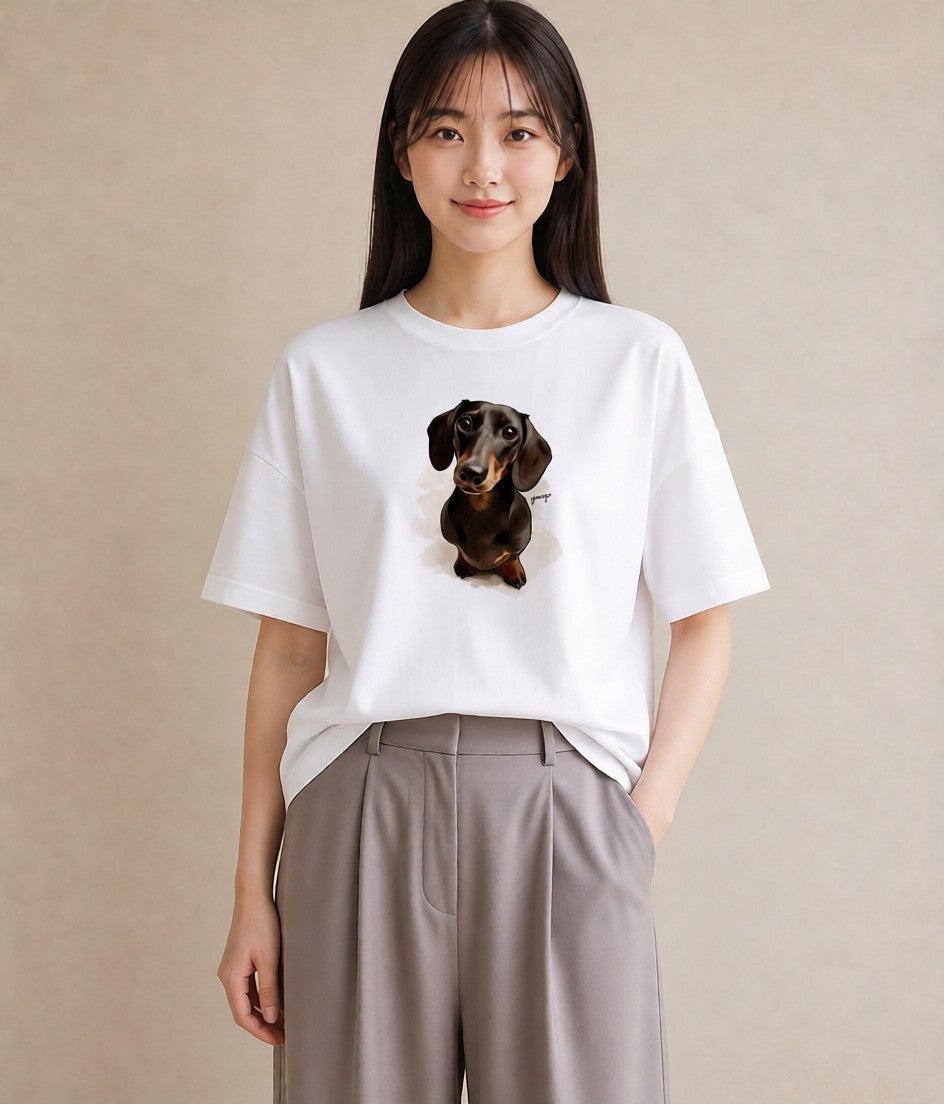 グラフィックTシャツ レディース ミニチュアダックスフンド 犬 いぬ イラスト ヴィンテージ風 親子 20代 白T YMAZO