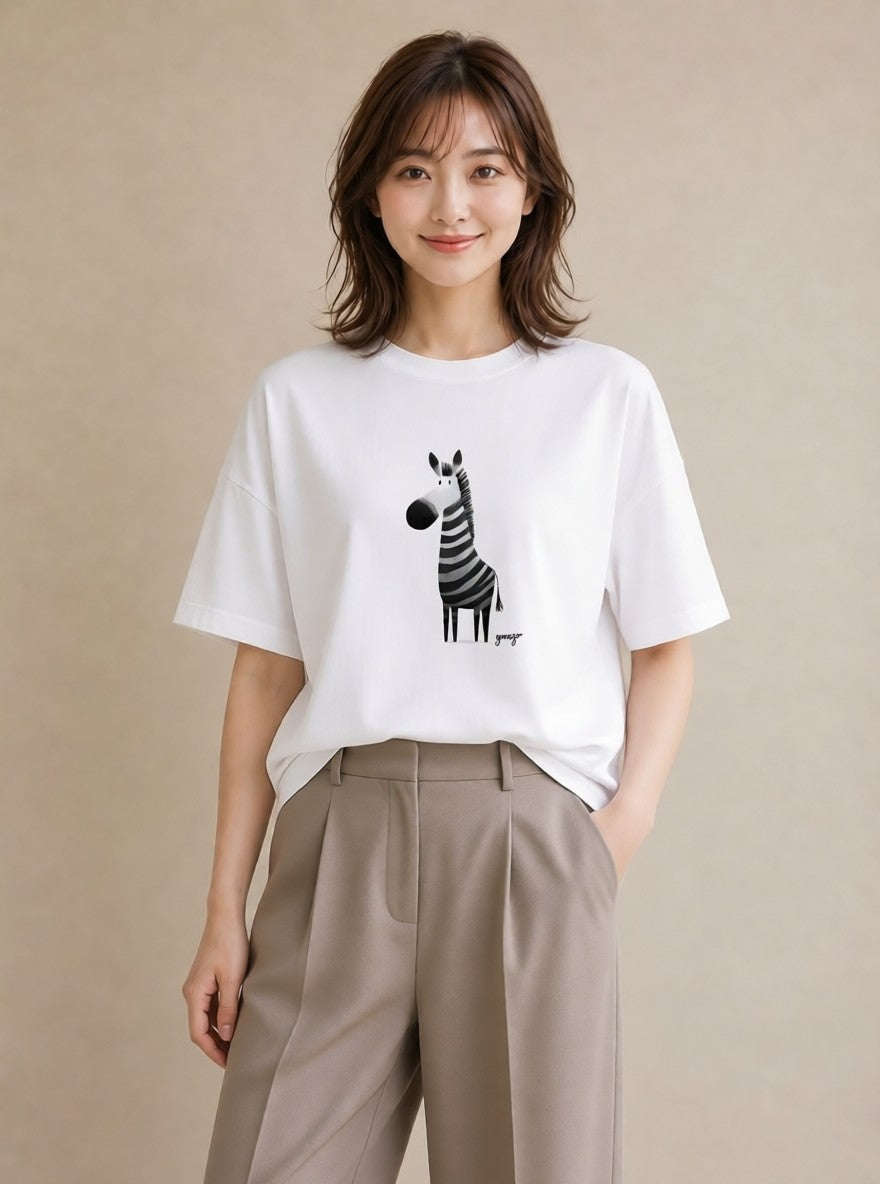 半袖Tシャツ レディース しまうま 動物 アニマル イラスト 個性的 春服 ミセス 白T YMAZO