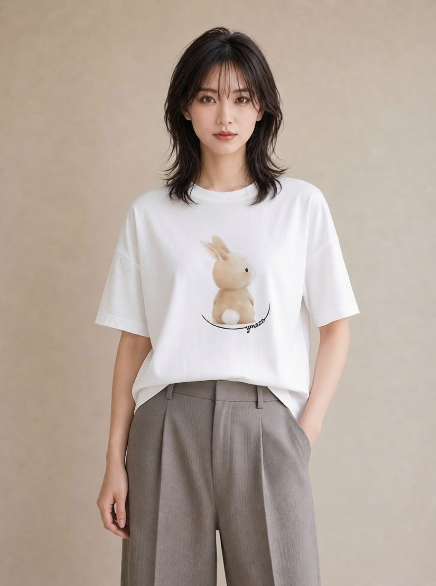 プリントTシャツ レディース うさちゃん ペット 動物 イラスト 韓国風 友達ギフト 部屋着 白T YMAZO