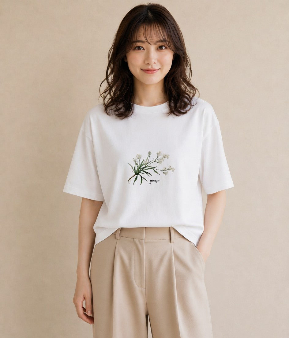 グラフィックTシャツ レディース 金木犀 花 花柄 イラスト 上品 20代 カジュアルコーデ 白T YMAZO
