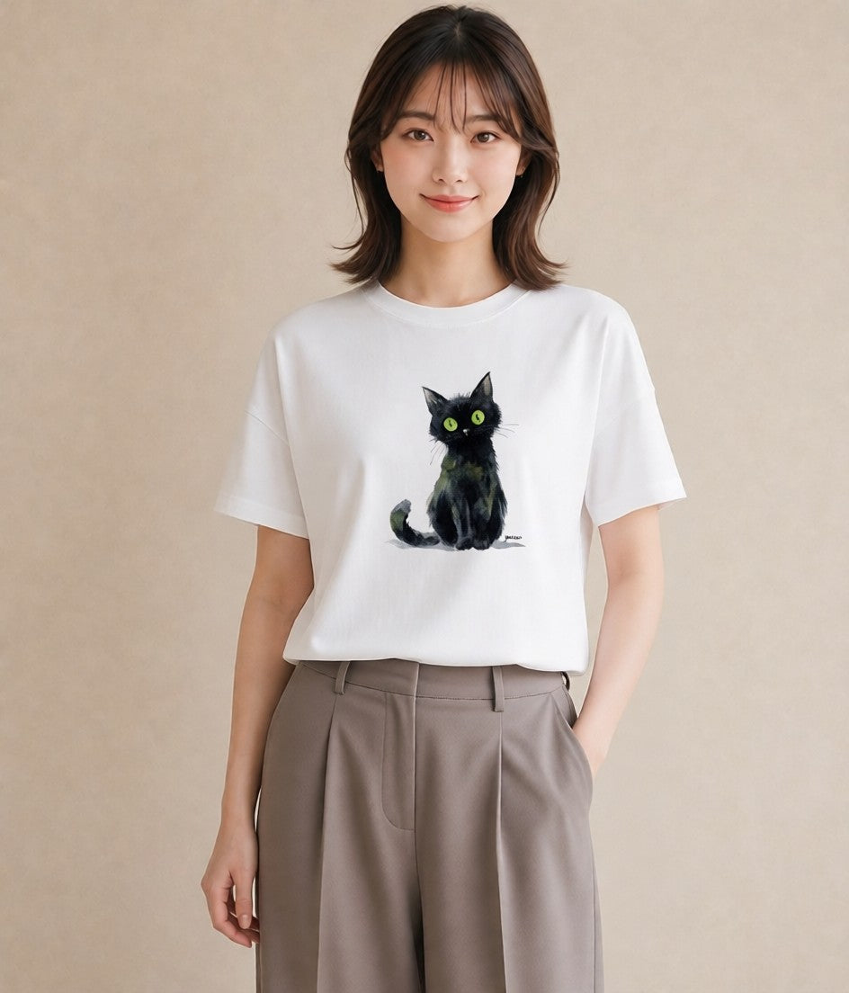 デザインTシャツ レディース 黒猫 猫 ねこ イラスト アート風 母娘コーデ 自分用 白T YMAZO