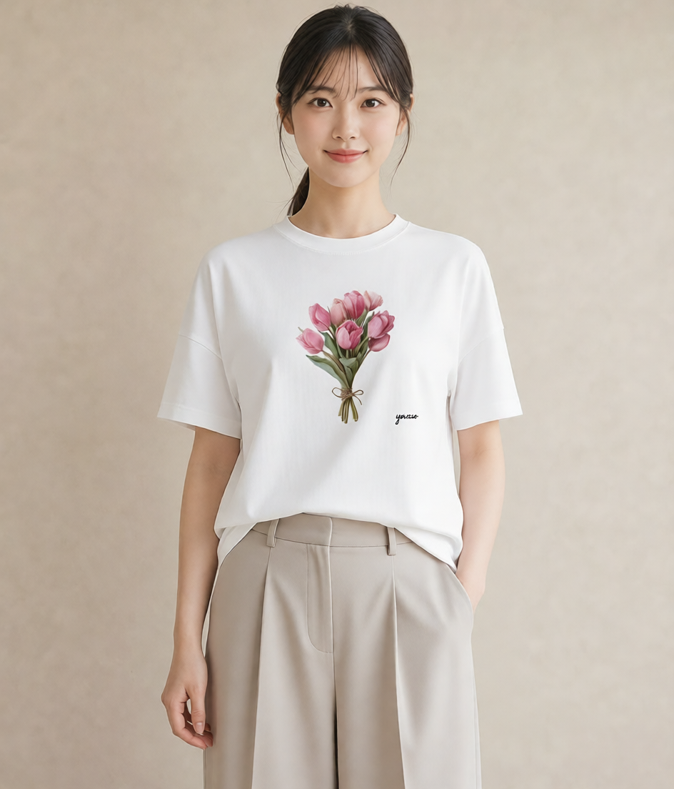 Tシャツ レディース チューリップ 花 花柄 イラスト フェミニン 秋コーデ おしゃれギフト 白T YMAZO