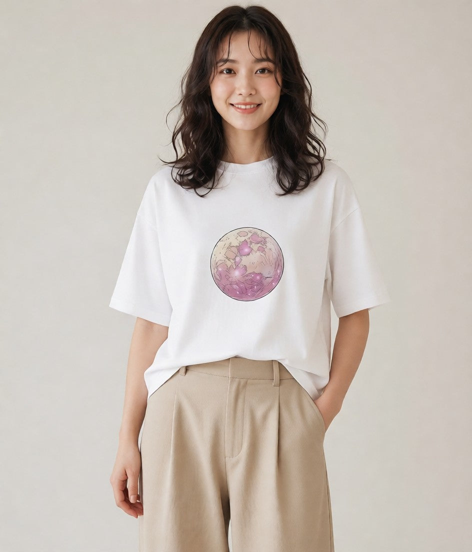 半袖Tシャツ レディース 満月 星空 宇宙 イラスト きれいめ ママ カフェ服 白T YMAZO