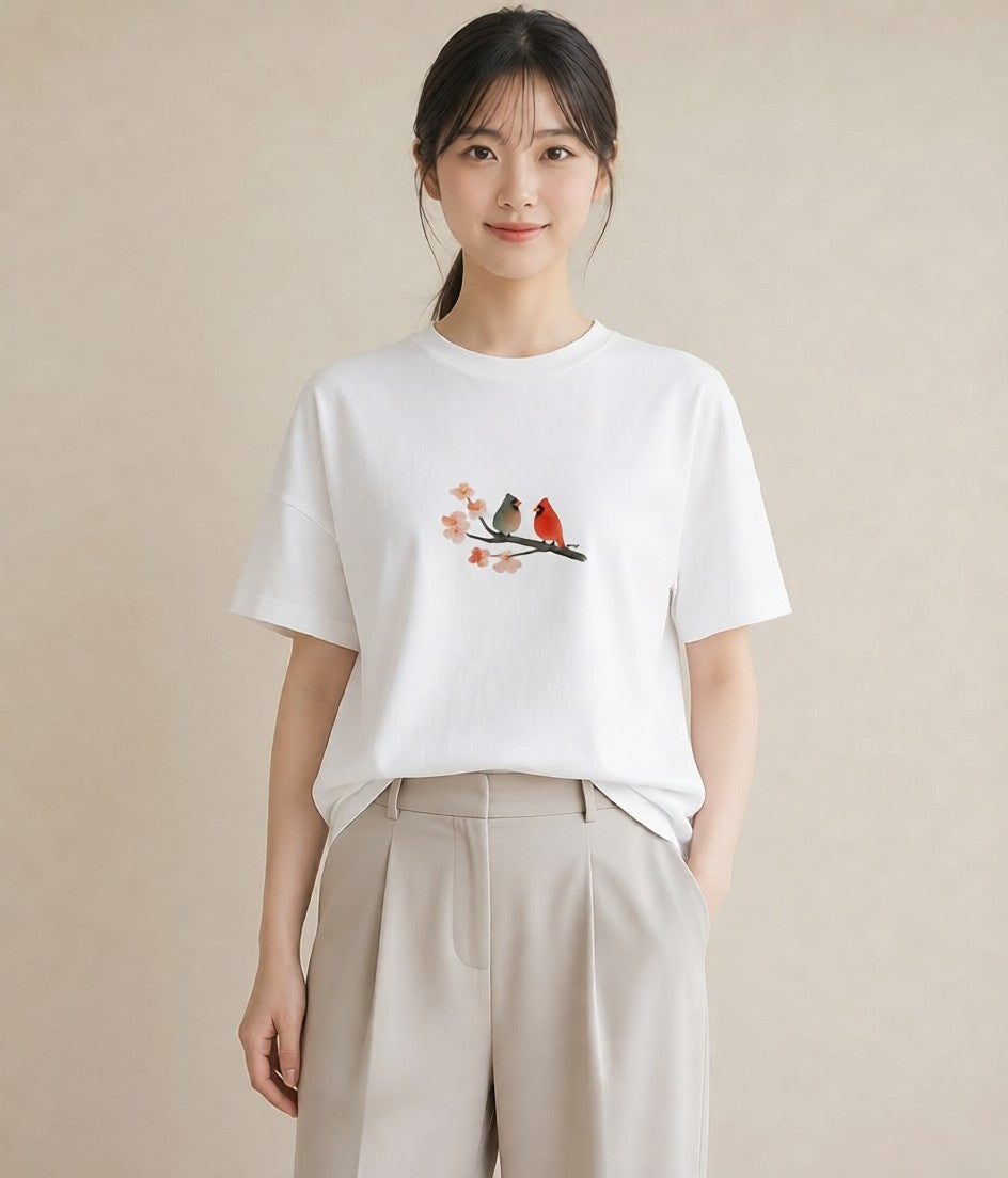 Tシャツ レディース 遠い家と鳥 風景 鳥 ナチュラル アンティーク イラスト 抜け感 母娘コーデ 自分用 白T YMAZO