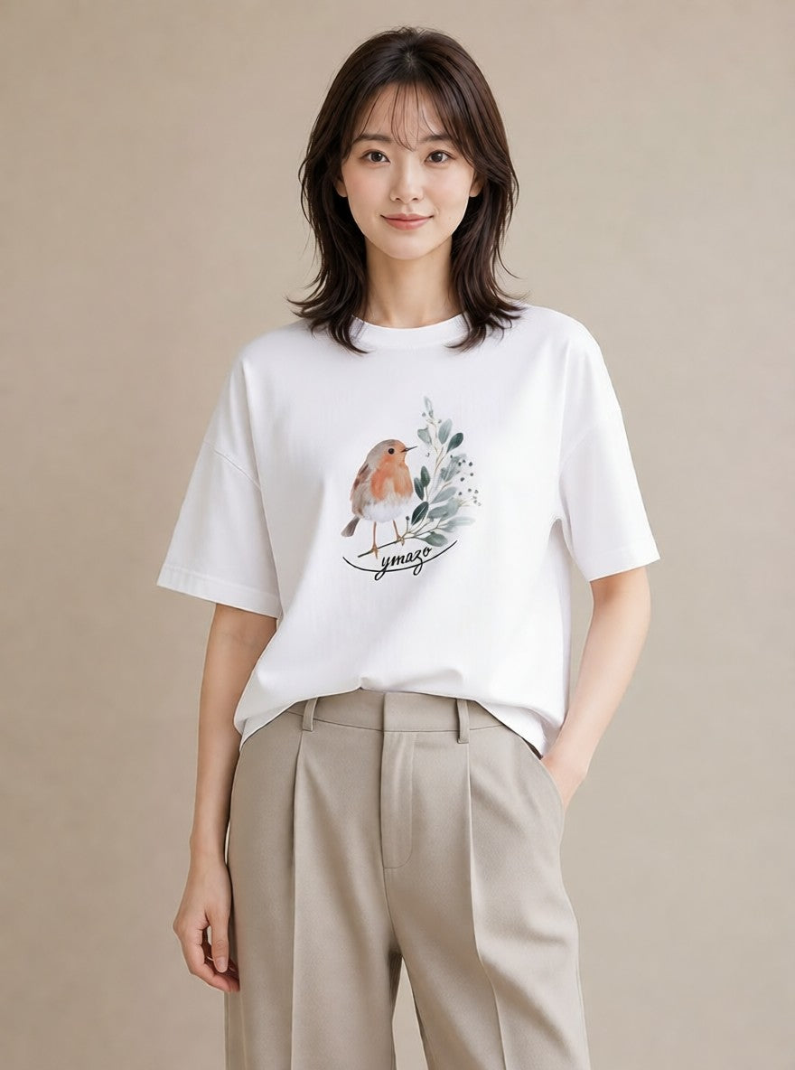プリントTシャツ レディース ことり ペット 動物 イラスト こなれ感 散歩 お出かけ 白T YMAZO
