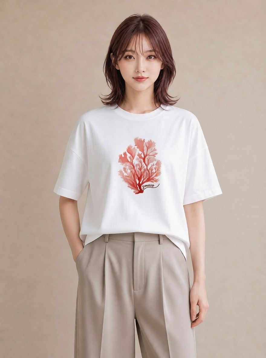 プリントTシャツ レディース サンゴ 海の生き物 海 イラスト シンプル ペアコーデ 秋コーデ 白T YMAZO