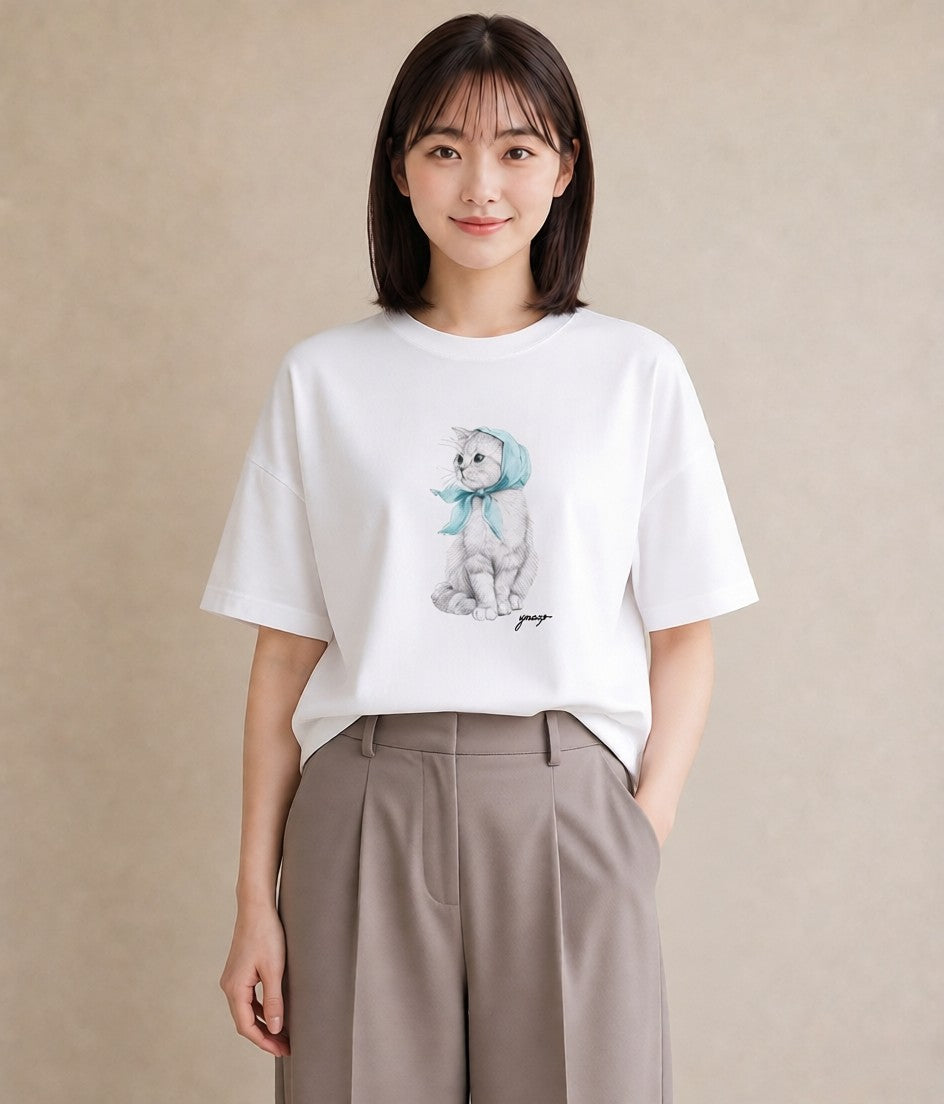 グラフィックTシャツ レディース ロシアンブルー 猫 ねこ イラスト お洒落 女性向けギフト 散歩 白T YMAZO