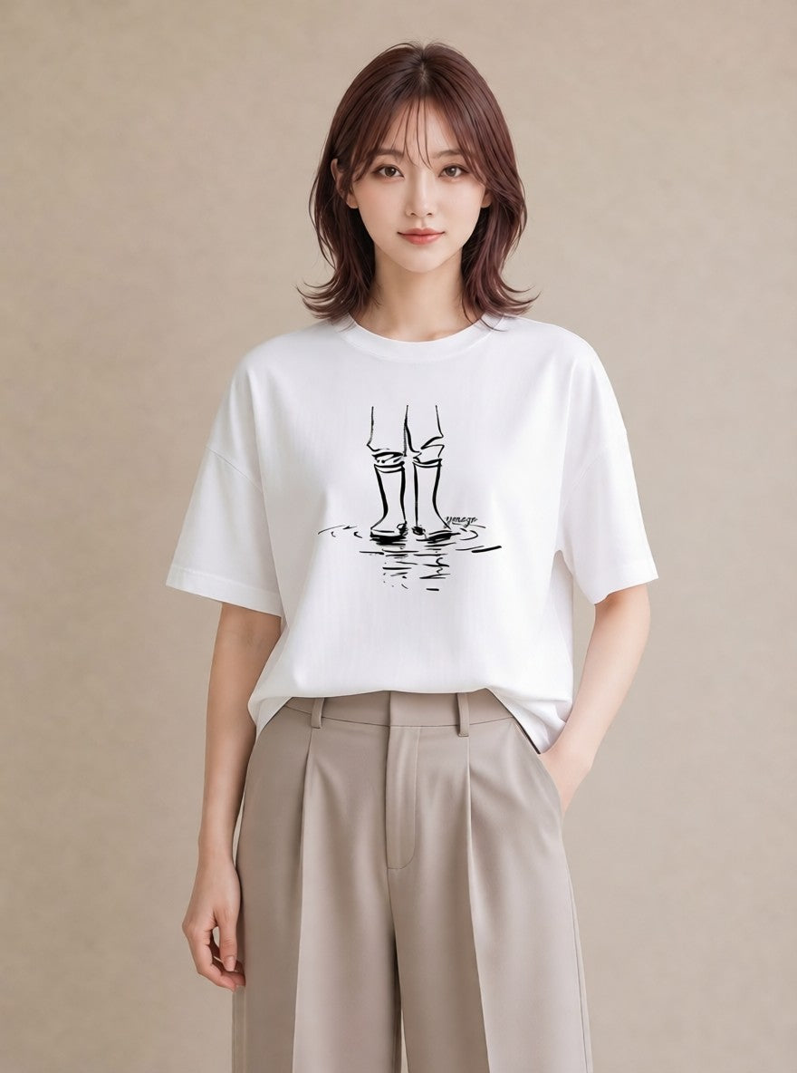 プリントTシャツ レディース 雨上がりの小道 雨上がり 小道 ナチュラル アンティーク イラスト 通学 誕生日プレゼント 白T YMAZO