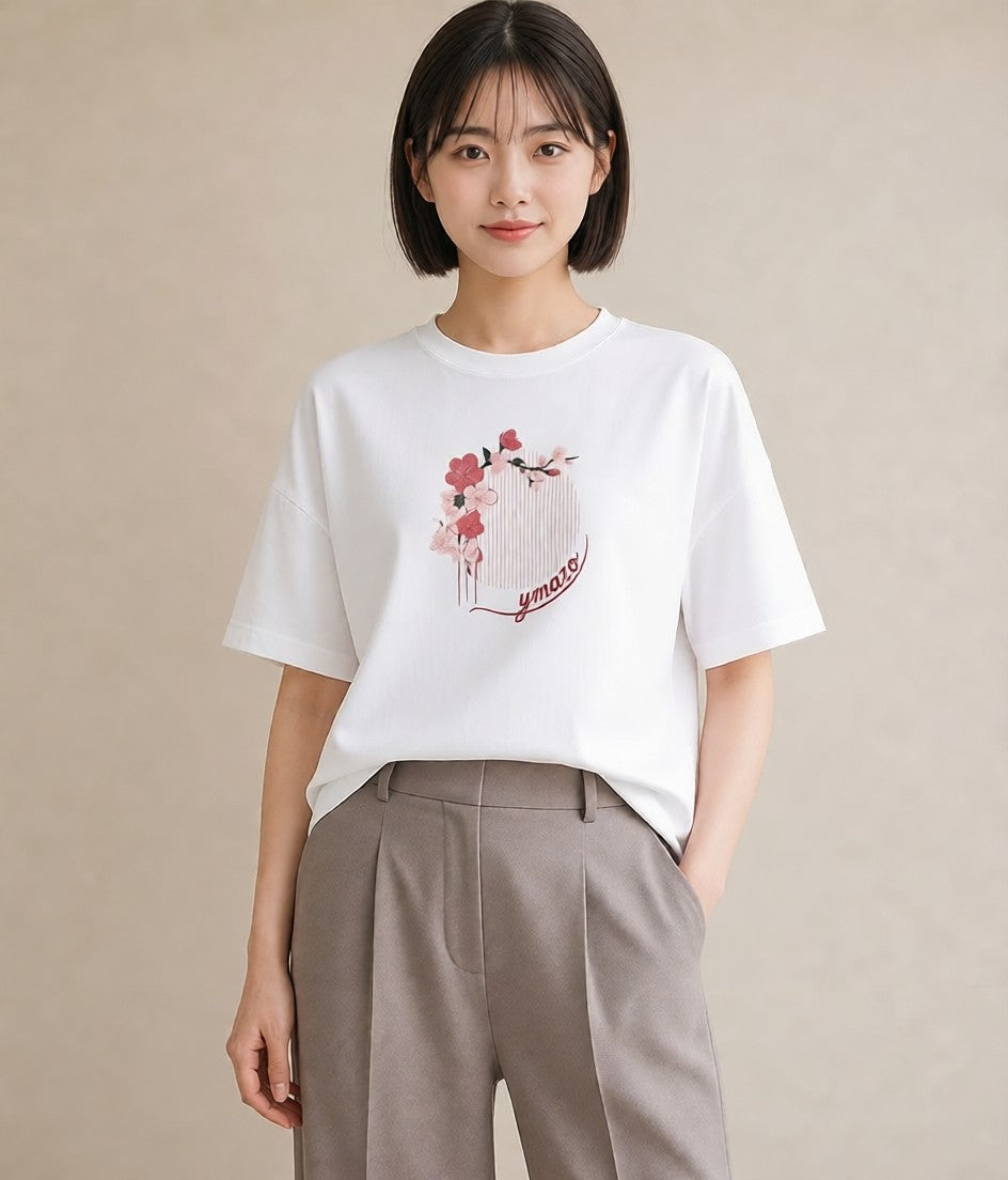 半袖Tシャツ レディース 扇子 そよ風 ナチュラル アンティーク イラスト シック 在宅 公園 白T YMAZO