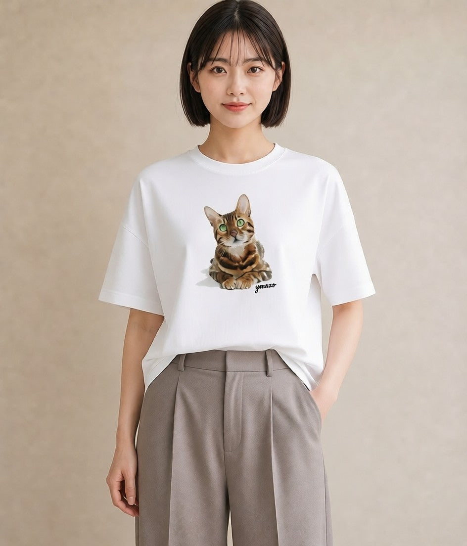 半袖Tシャツ レディース 猫好き 猫 ねこ イラスト きれいめ レイヤード 友達ギフト 白T YMAZO