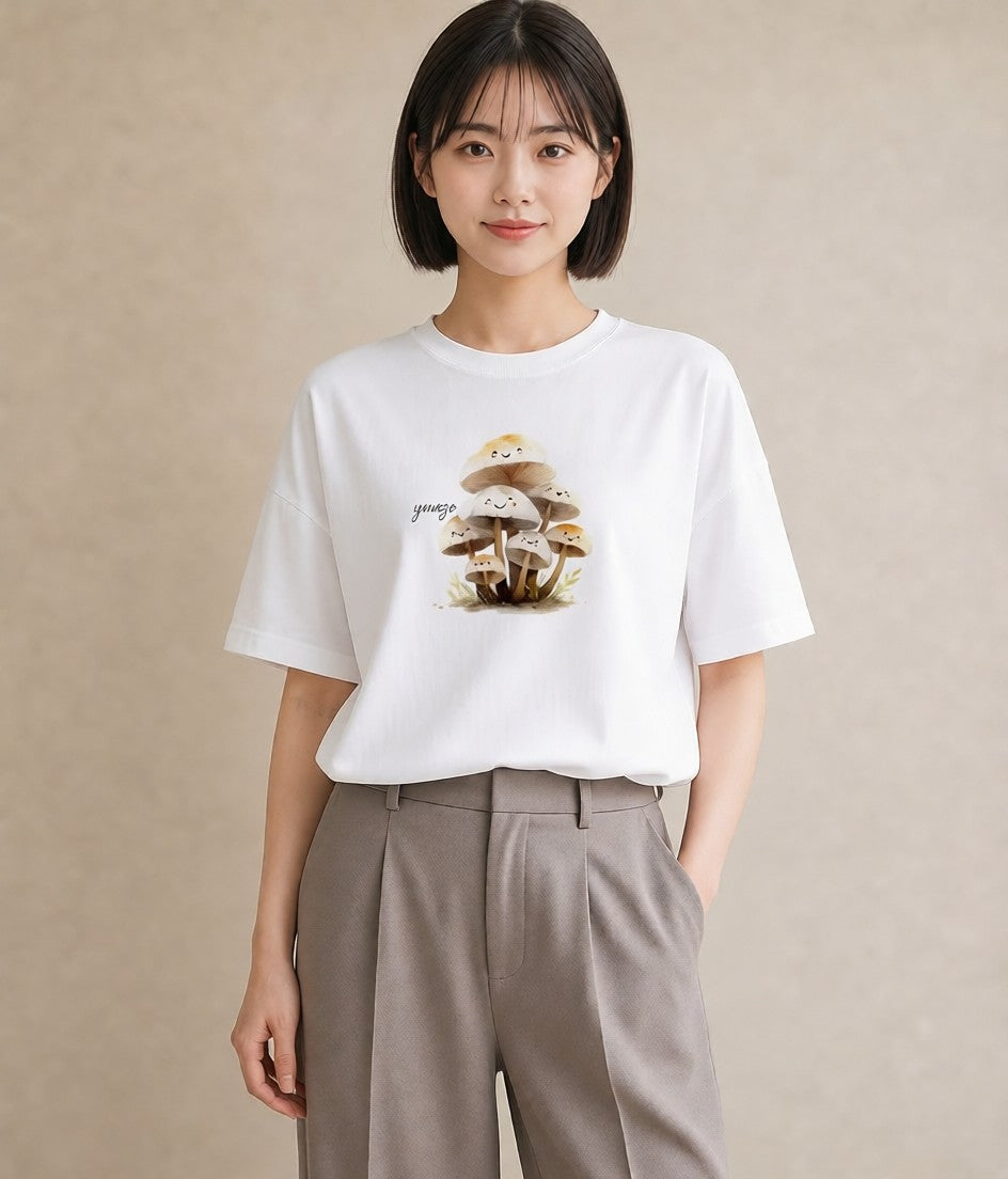 プリントTシャツ レディース きのこ 植物 ボタニカル イラスト シンプル レイヤード 友達ギフト 白T YMAZO