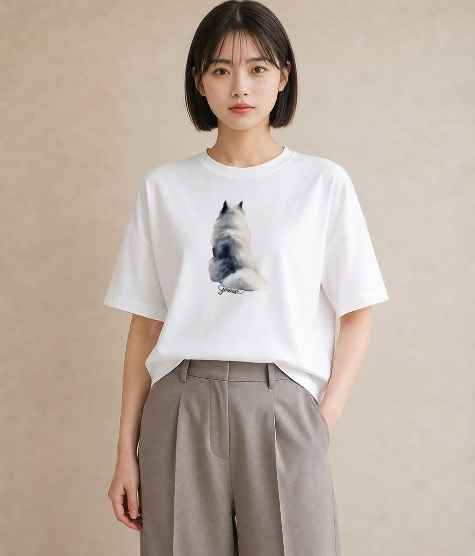 Tシャツ レディース メインクーン 猫 ねこ イラスト 線画 綿100 デート 白T YMAZO